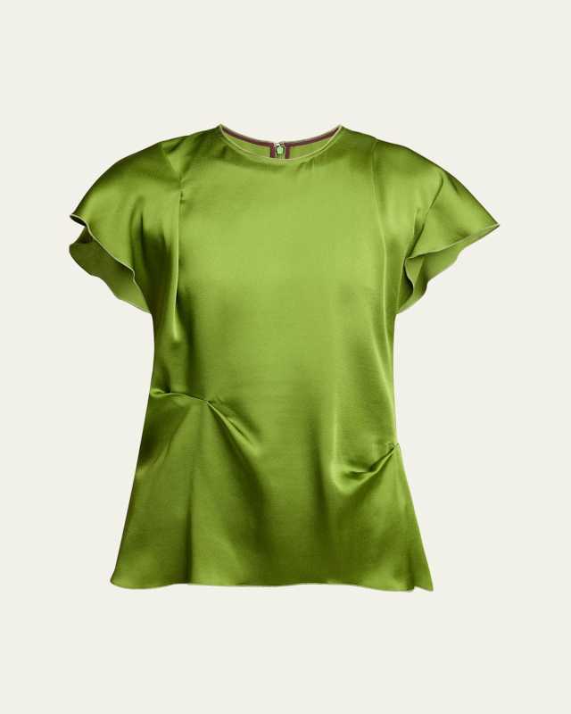 Draped Pleat Flutter-Sleeve Top